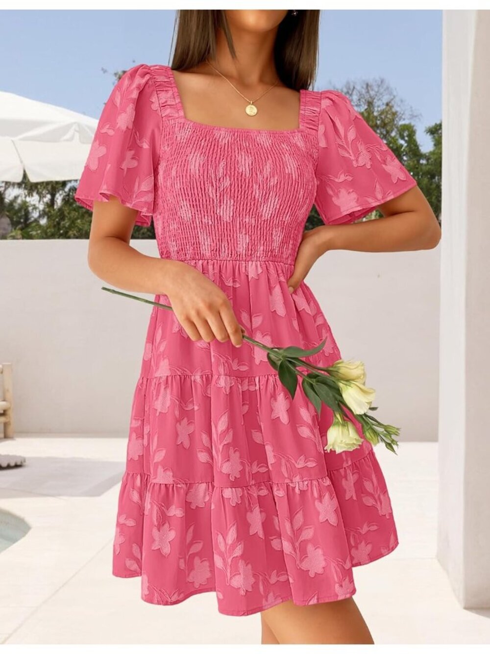 〽️Women's Hot Pink Casual Short Sleeve Square Neck Summer Boho Floral Mini Dress